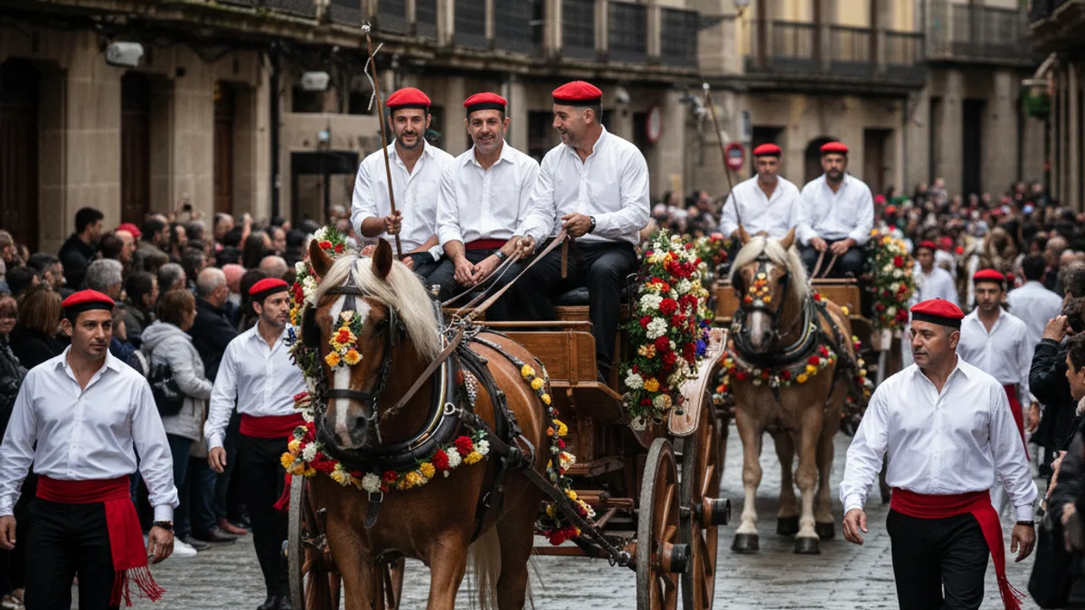 Carruatges i cavalleries guarnides recorrent els carrers durant una festa tradicional catalana.