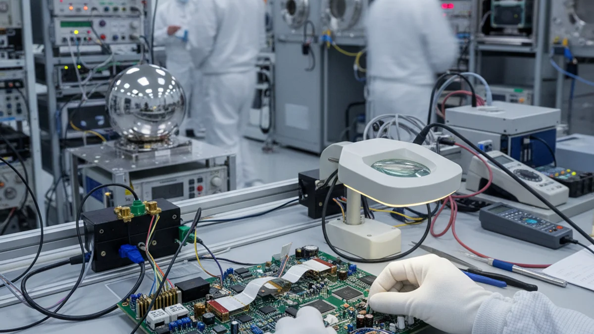 Representació d'un laboratori d'electrònica espacial amb cables i sensors, sense persones reconeixibles.