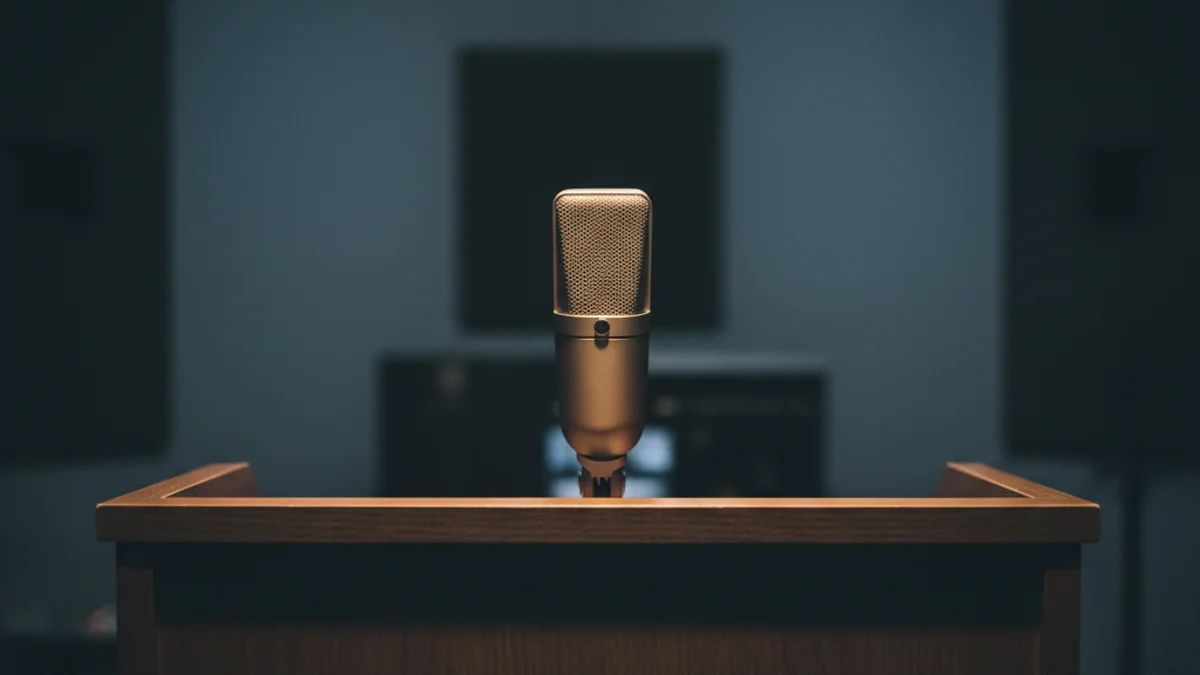 Descripció d'un ambient d'entrevista íntima amb un micròfon en un podi buit.