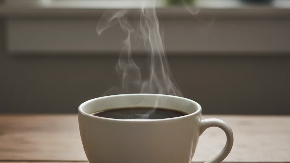 Una tassa de cafè fosc sobre una taula de fusta, amb vapor que s'eleva lleugerament, simbolitzant la rutina matinal.