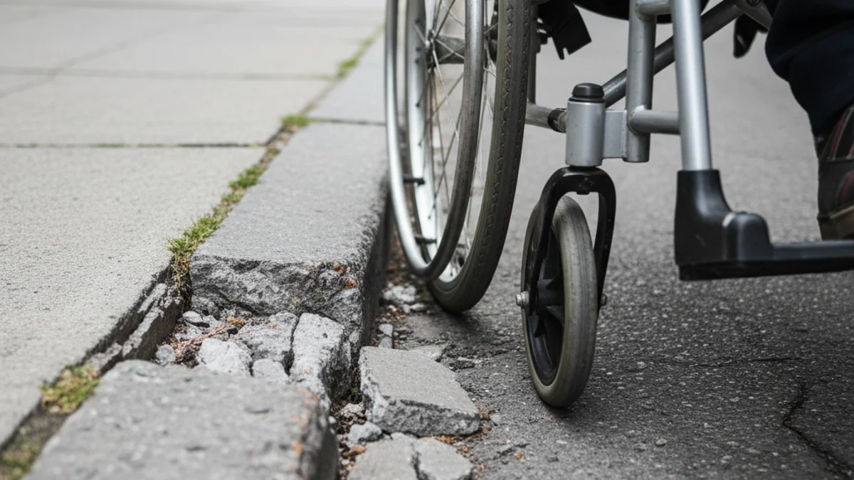 Imatge genèrica d'una cadira de rodes intentant superar un desnivell perillós en una vorera urbana.