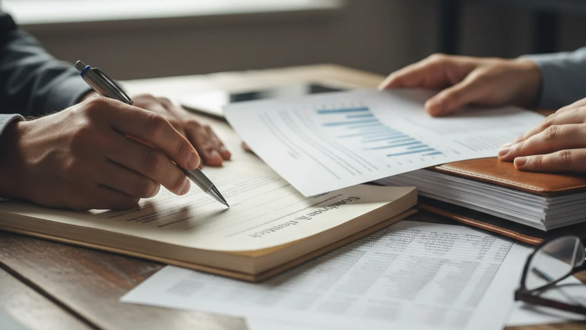 Una mà signant documents financers sobre una taula, simbolitzant la sol·licitud d'una hipoteca.
