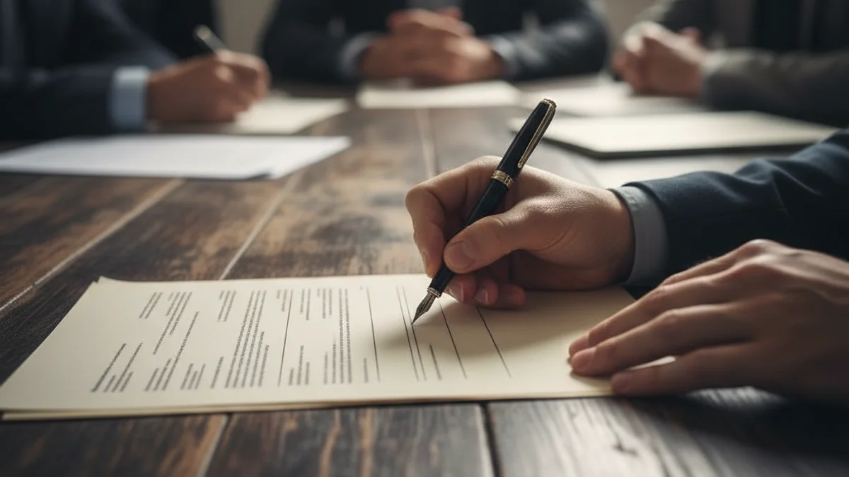 Una mà signant un document de contracte o conveni col·lectiu sobre una taula d'oficina.