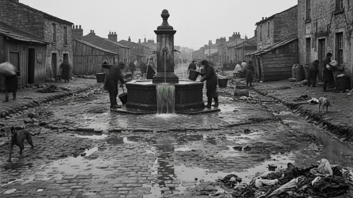 Representació històrica de les condicions sanitàries precàries en un poble rural català del segle XIX.