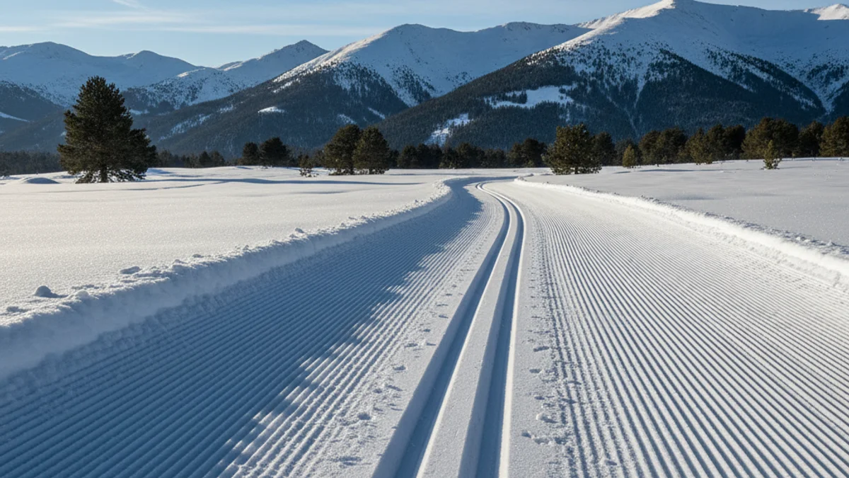 Pistes d'esquí de fons ben preparades i amb neu abundant en un paisatge de muntanya.
