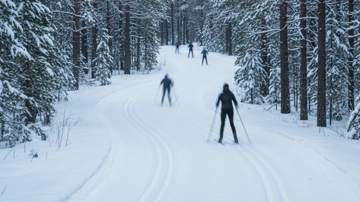 Esquiadors de fons gaudint de la neu pols en un circuit traçat al bosc del Pirineu català.