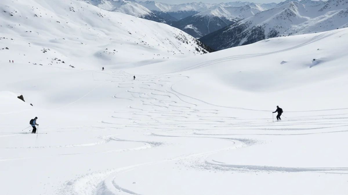 Vista genèrica d'una pista d'esquí amb neu abundant i esquiadors en la distància.