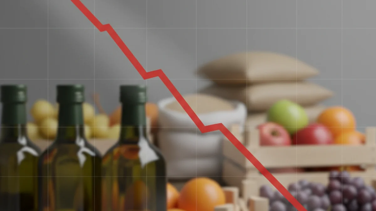 Gràfic que mostra una tendència a la baixa en les exportacions de productes agroalimentaris, amb ampolles d'oli d'oliva en primer pla.