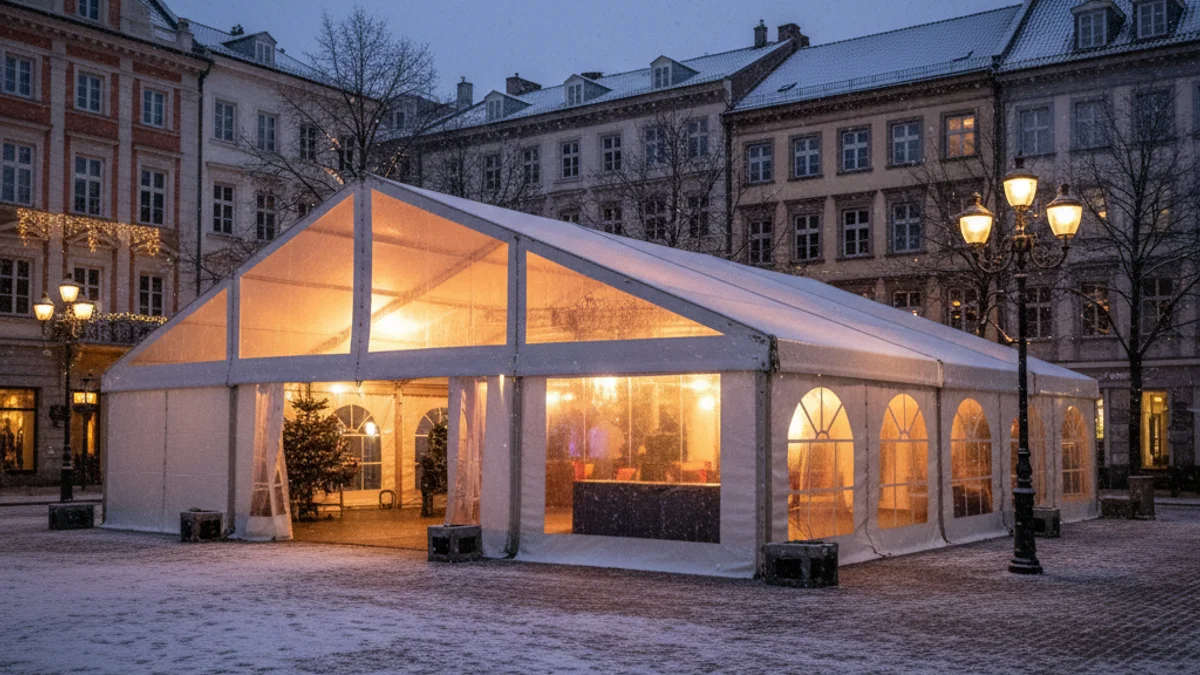 Imatge genèrica d'una carpa d'esdeveniments gran i il·luminada en un espai urbà durant la nit.