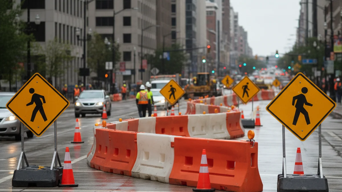 Imatge genèrica de tanques de construcció i senyals de desviament de trànsit en una avinguda urbana.