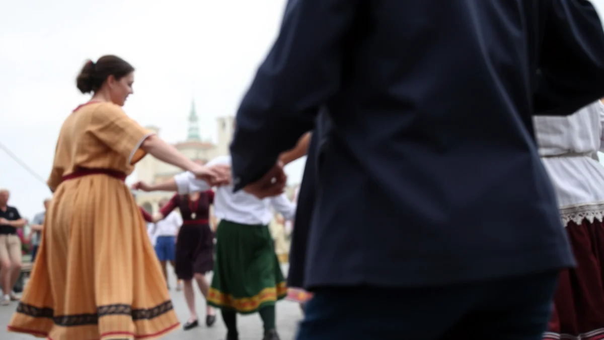 Grup de persones ballant una dansa tradicional en rotllana en una plaça d'un poble costaner.