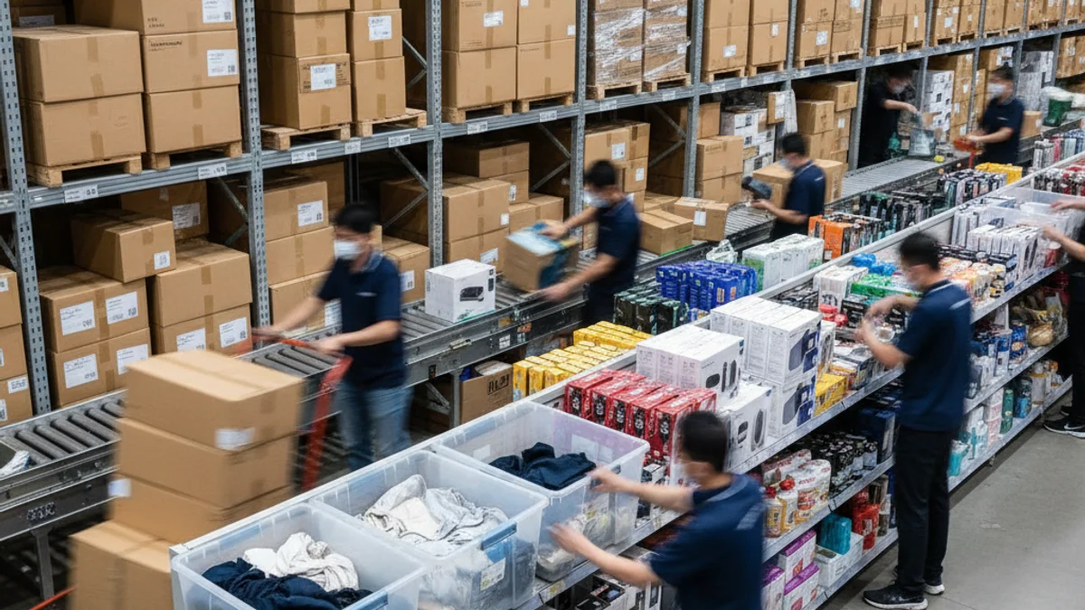 Imatge genèrica de treballadors en un magatzem o centre de distribució preparant comandes per a la campanya de rebaixes.