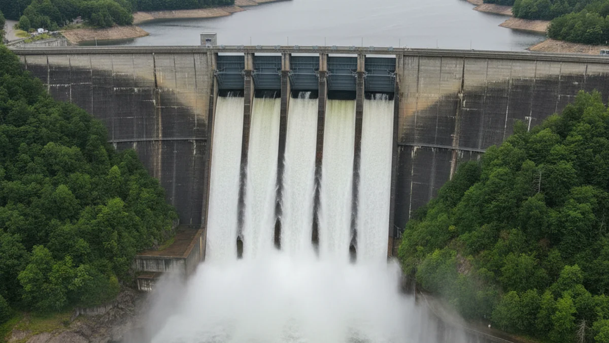 Vista d'una presa d'embassament amb un alt nivell d'aigua, reflectint l'abundància hídrica recent a Catalunya.