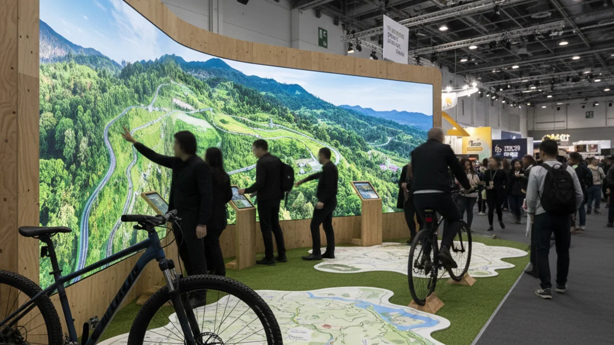Representació genèrica d'un estand de promoció turística en una fira internacional, amb mapes i bicicletes.