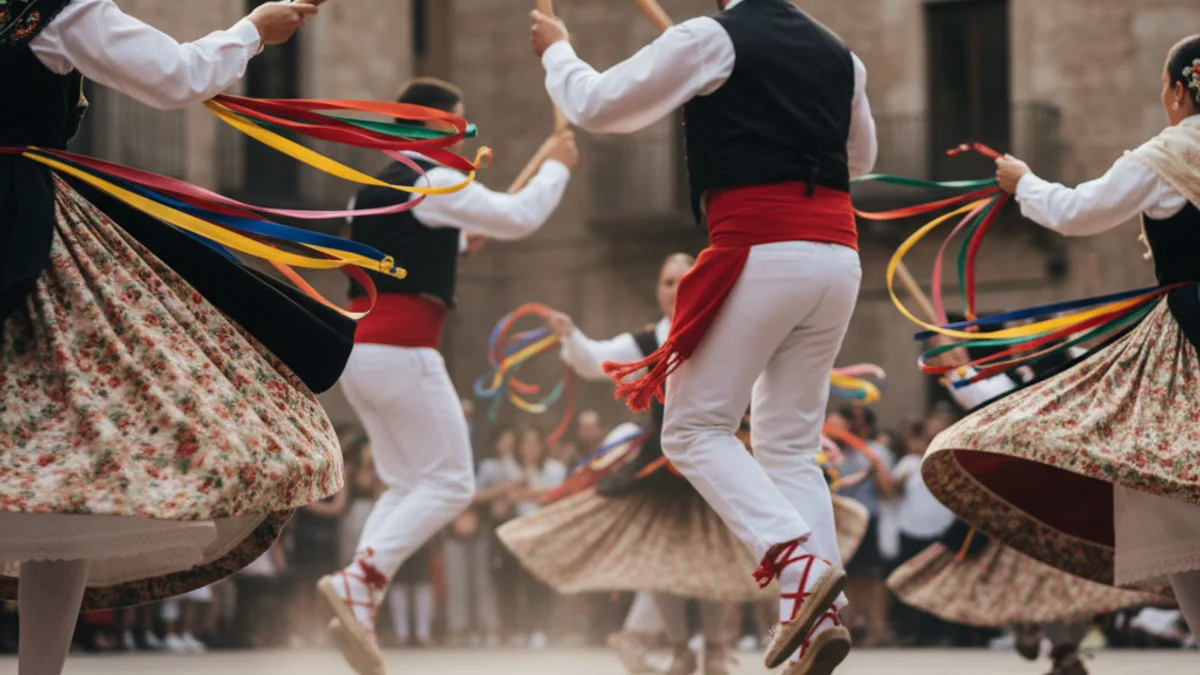 Grup de dansaires de balls populars vestits amb indumentària tradicional actuant en una plaça.
