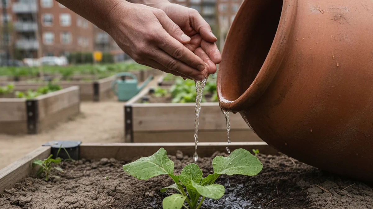 Mans d'un nen abocant aigua recollida en un cubell a una planta d'un hort urbà.