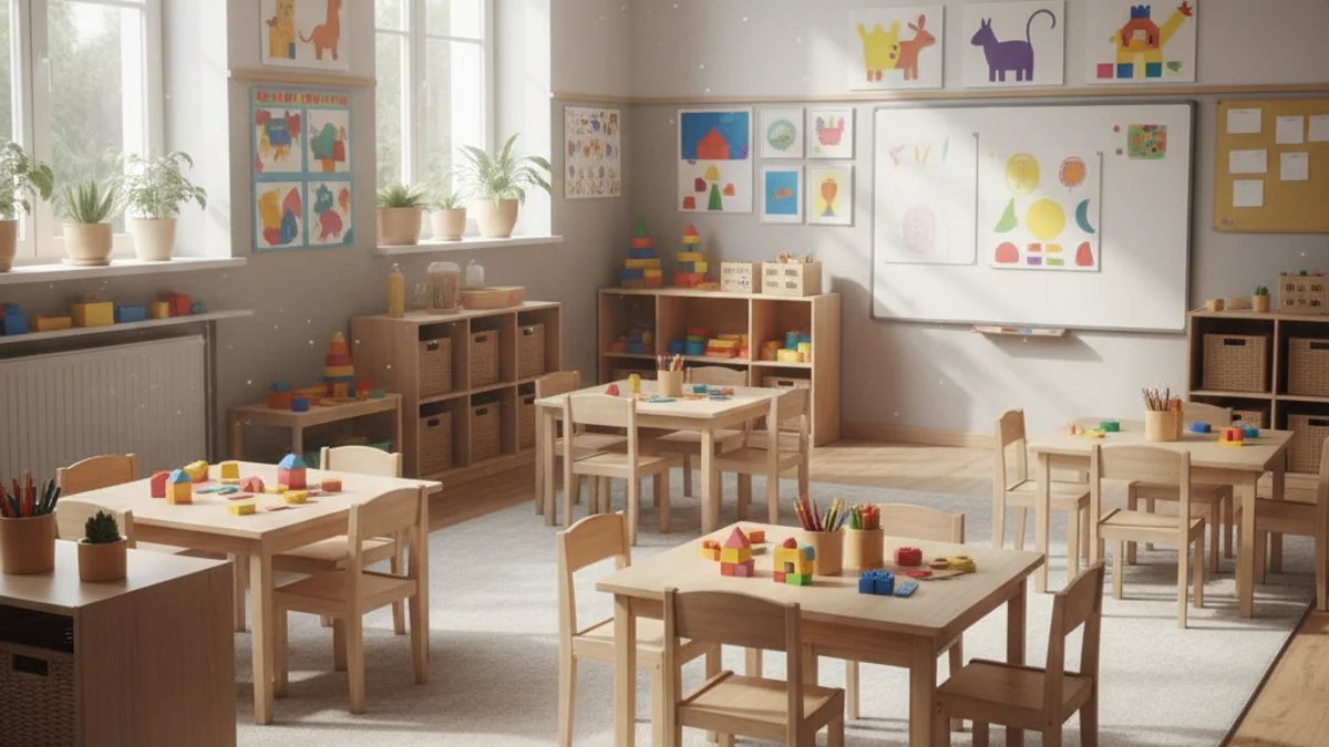 Imatge genèrica d'una aula d'infantil amb cadires i taules petites, sense nens ni adults identificables.