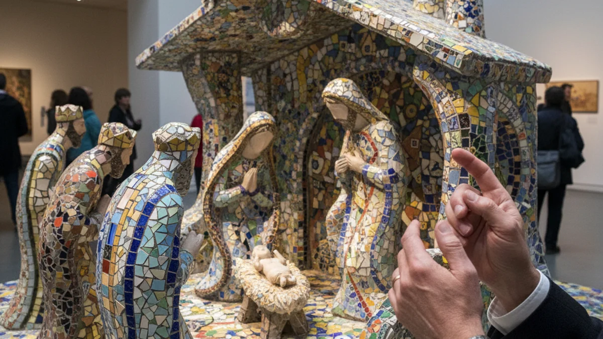 Detall d'un pessebre modern amb elements de mosaic trencadís, inspirat en l'arquitectura modernista.