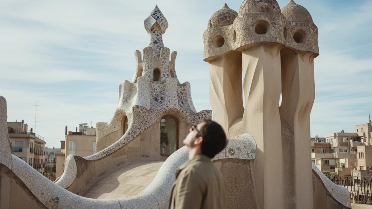 Una silueta d'una persona mirant cap amunt des del terrat de La Pedrera, amb les xemeneies de Gaudí al fons.