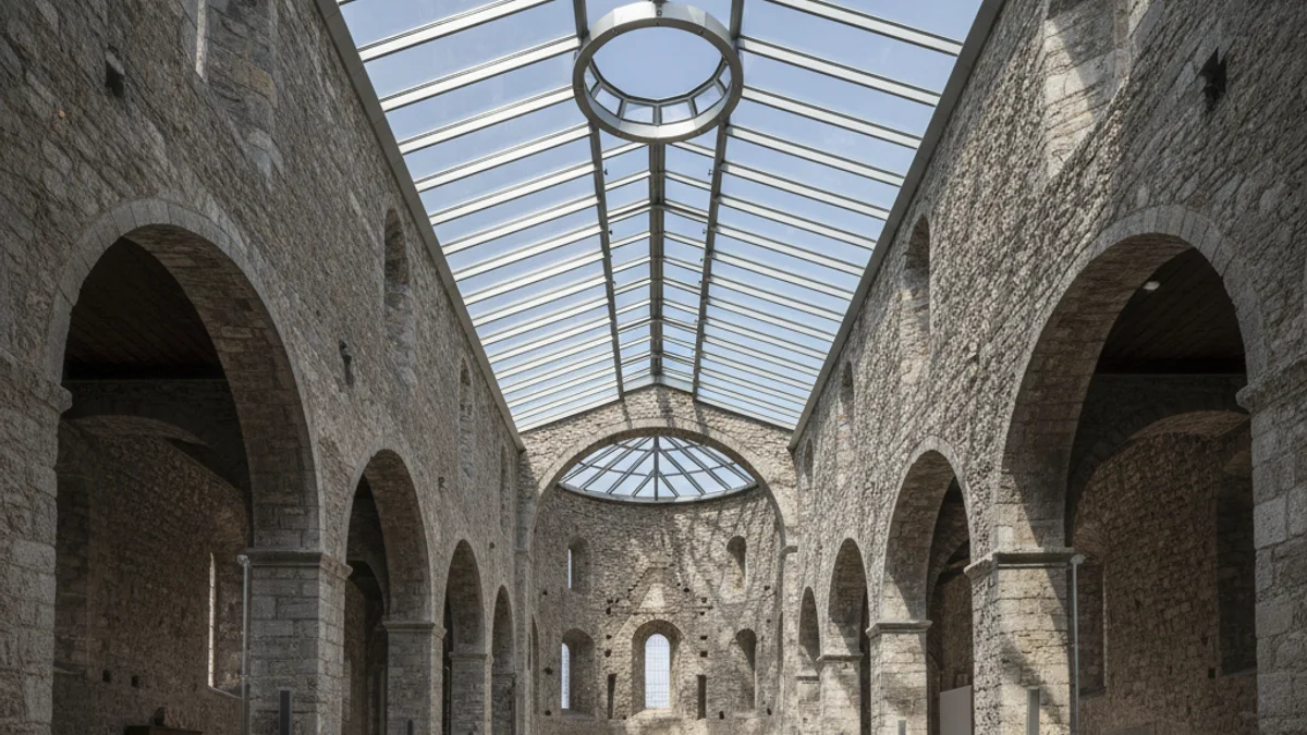 Vista interior d'una església històrica amb una coberta de vidre moderna que permet l'entrada de llum natural.
