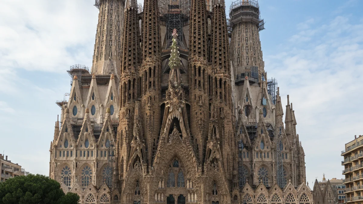 Vista exterior d'una gran basílica amb grues i elements arquitectònics complexos, sota un cel clar.