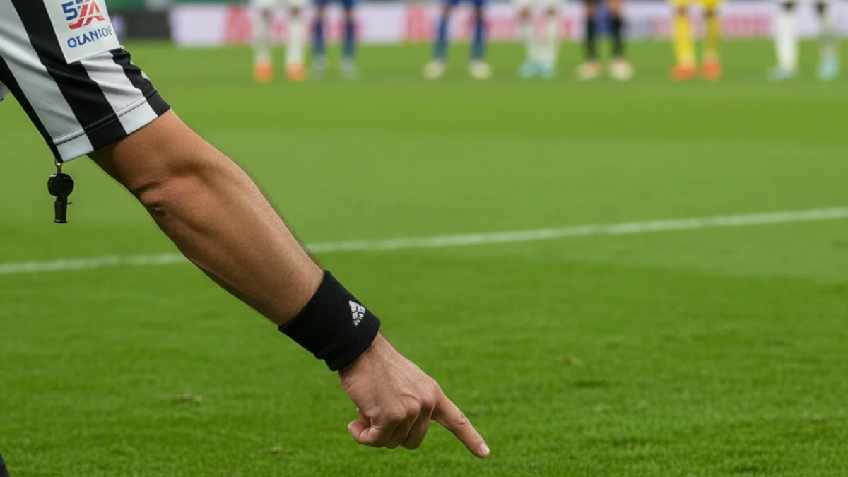 Imatge genèrica d'un àrbitre de futbol mostrant una targeta o assenyalant un penal en un estadi buit.