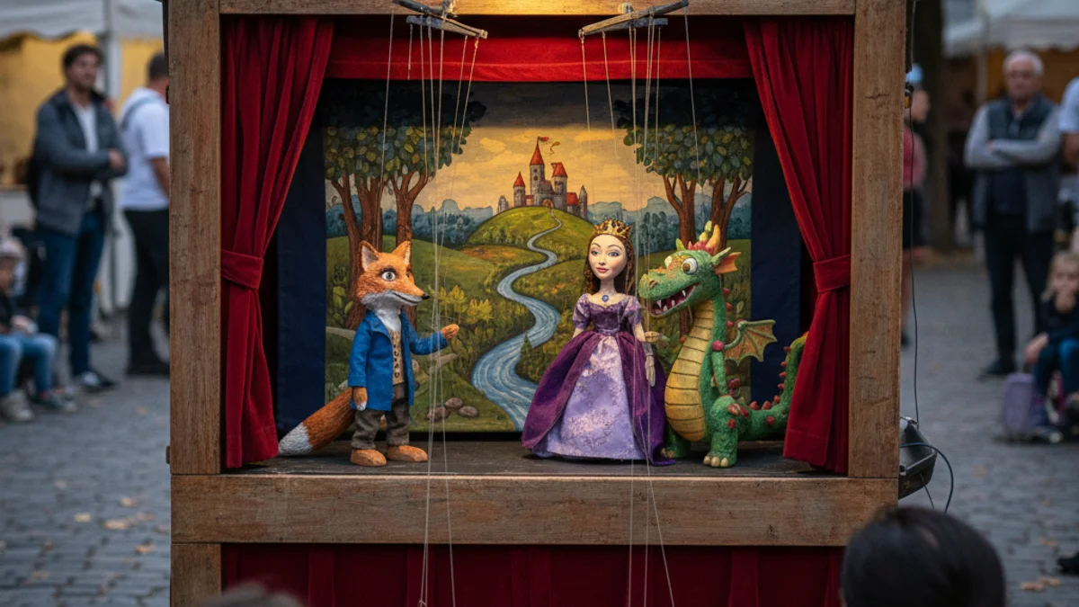 Imatge genèrica d'una representació de titelles amb escenografia colorida i figures artesanals.