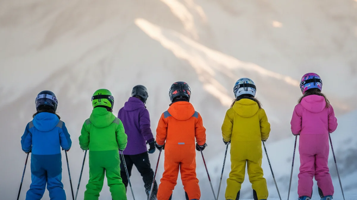 Grup d'alumnes de primària practicant esquí alpí o surf de neu en una estació de muntanya, vists d'esquena.