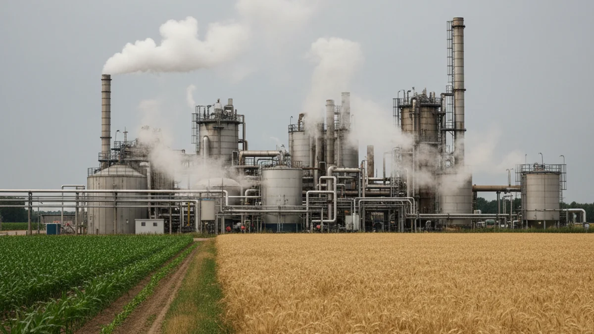 Vista d'una planta de biogàs industrial amb canonades i dipòsits, envoltada de camps agrícoles.