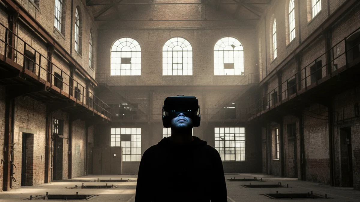 Una persona amb ulleres de realitat virtual observant un entorn històric recreat digitalment, amb elements industrials de fons.