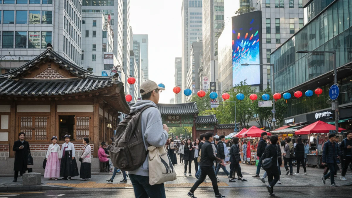 Imatge genèrica d'un estudiant caminant per un carrer modern i concorregut de Seül, Corea del Sud, prop d'una universitat.