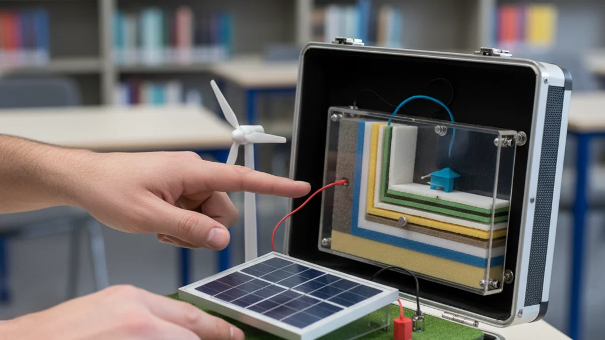 Imatge genèrica d'unes mans interactuant amb un kit educatiu mòbil sobre energia renovable.