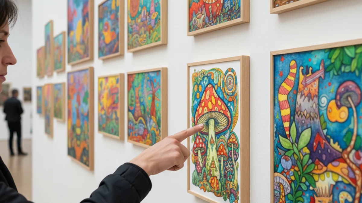 Descripció genèrica d'obres d'art infantil plenes de color i detalls exposades en una galeria.