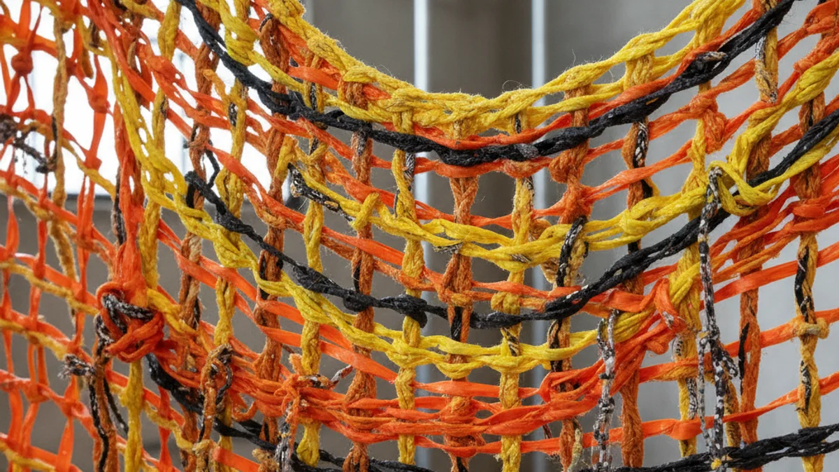 Detall d'una instal·lació artística que utilitza elements de senyalització de seguretat transformats en teixit artesanal.