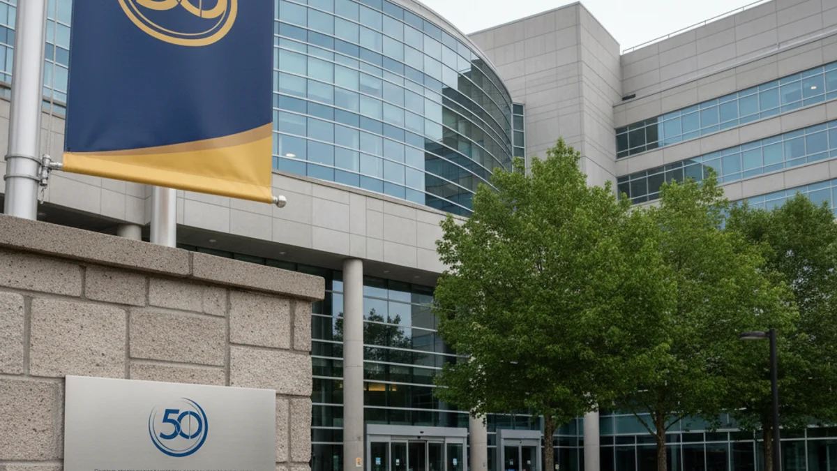 Imatge genèrica de l'entrada d'un hospital modern o una placa commemorativa d'aniversari.