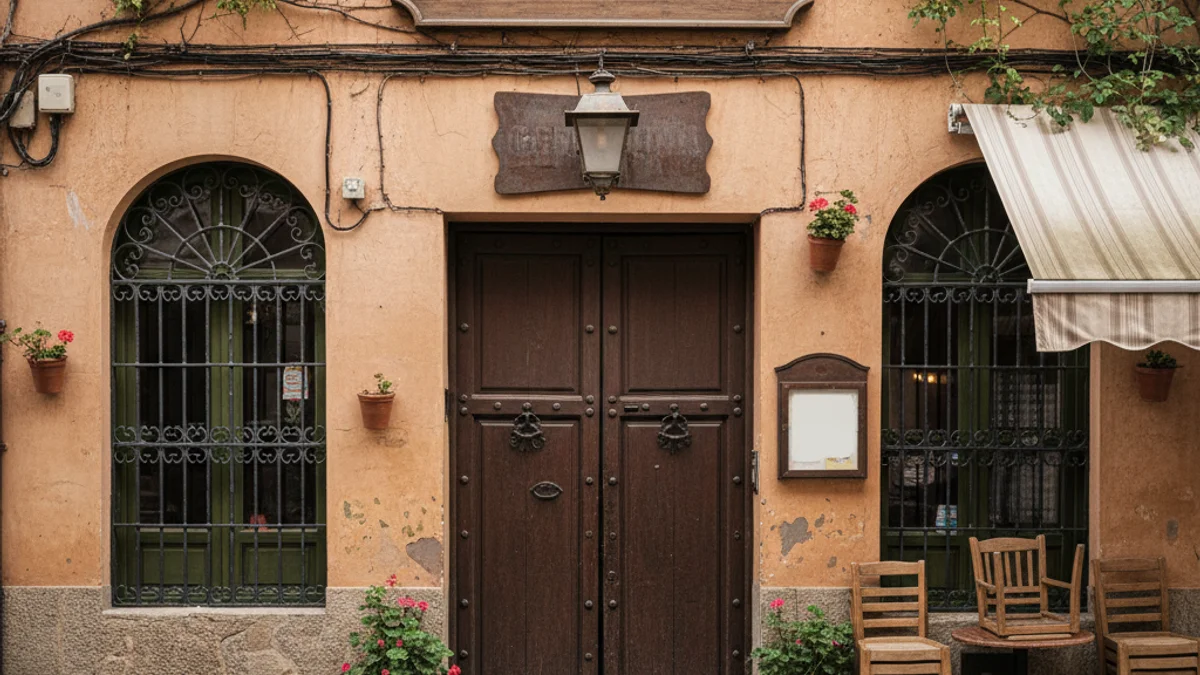 Vista exterior d'un hostal tradicional català amb un rètol de cafeteria, amb un estil antic.