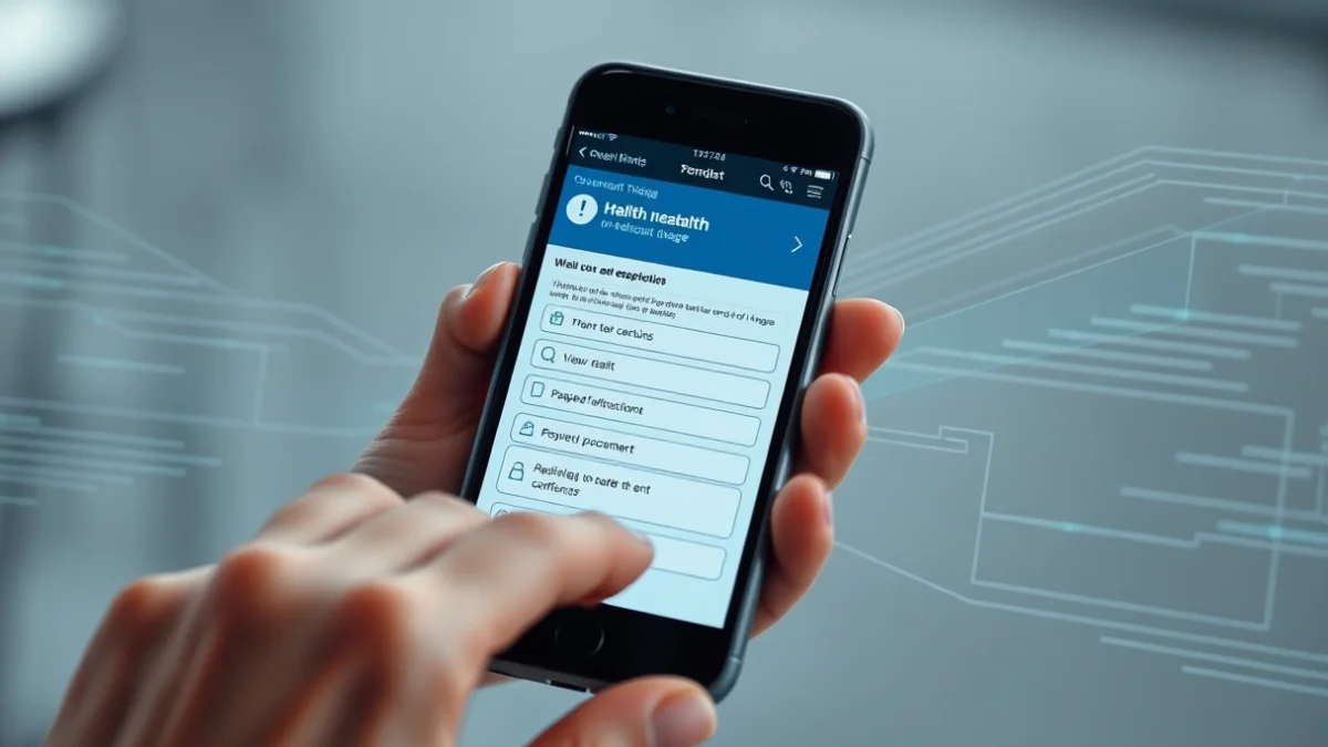Il·lustració d'un dispositiu mòbil mostrant un qüestionari de triatge mèdic digital amb símbols d'intel·ligència artificial.