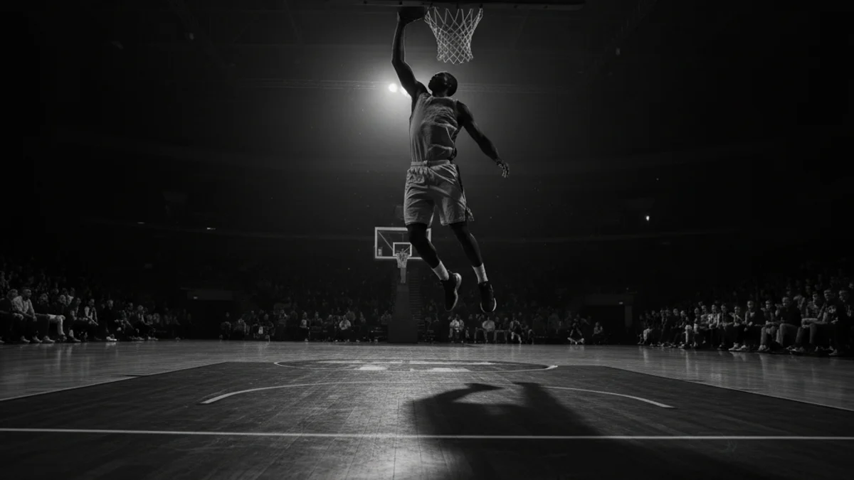 Imatge genèrica d'un jugador de bàsquet fent un rebot o una cistella en un pavelló esportiu.