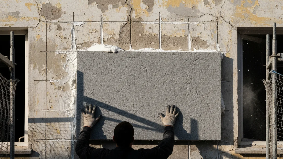 Imatge genèrica d'un operari instal·lant aïllament tèrmic exterior (SATE) en una façana d'un edifici residencial.