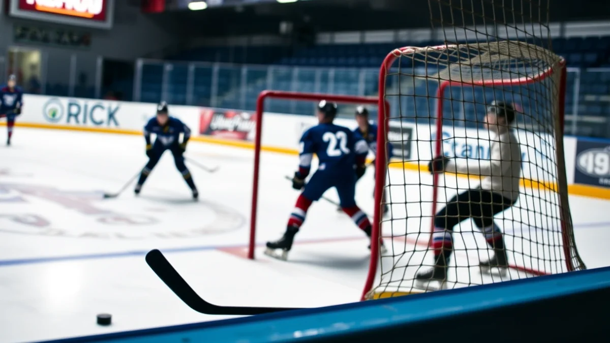 Imatge genèrica d'un partit d'hoquei patins amb jugadors en acció i la pilota a prop de la porteria.