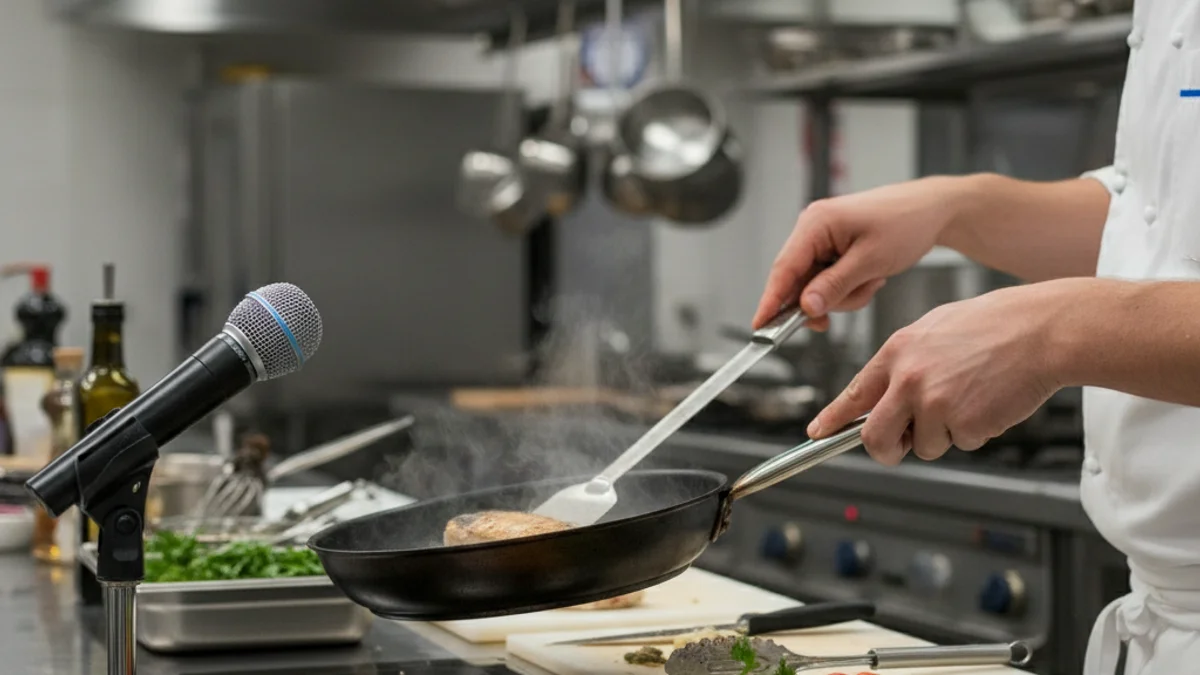 Una silueta d'un xef davant d'una cuina professional, amb plats preparats a la vista.