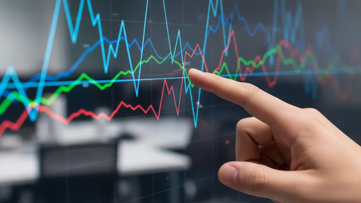 Una persona mirant una pantalla digital que mostra gràfics d'inflació i dades econòmiques amb fons neutre.