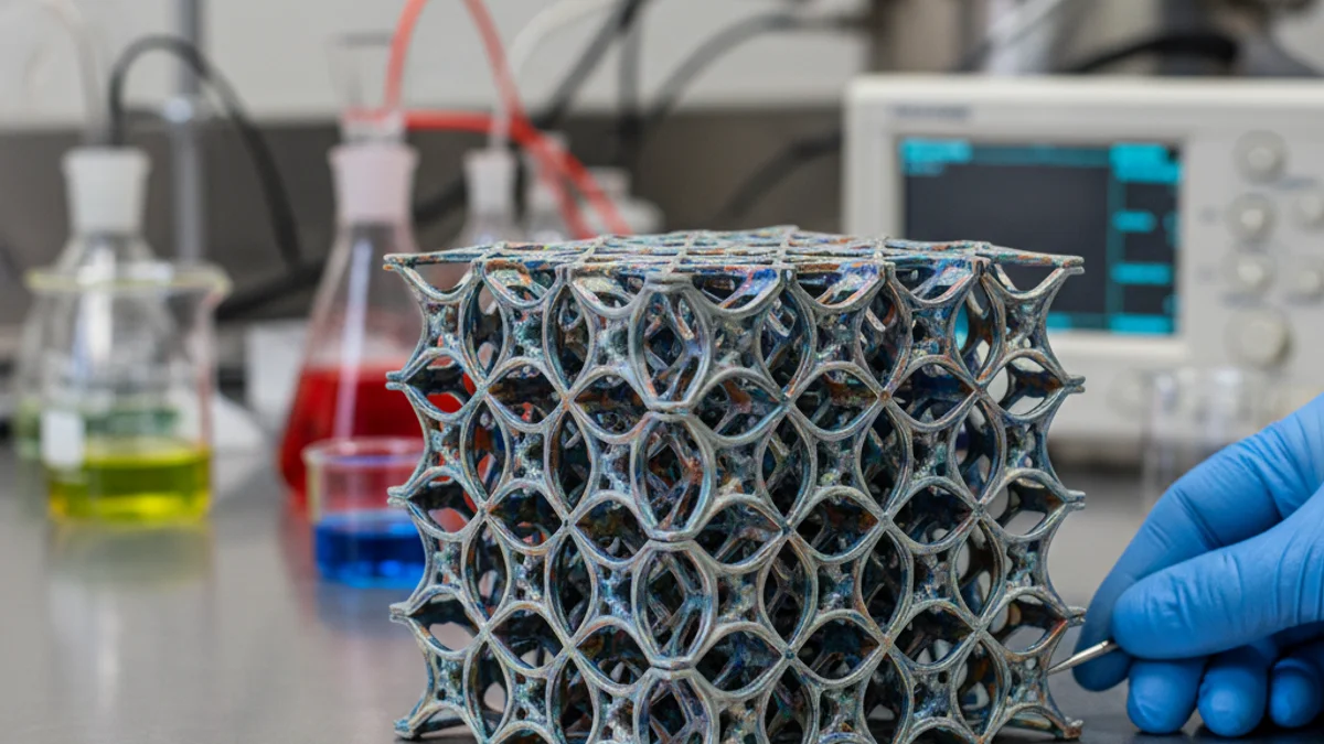 Representació visual de cèl·lules d'hidrogen fetes amb ceràmica i impressió 3D en un laboratori d'investigació energètica.