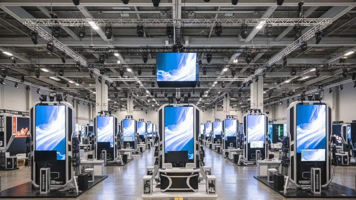 Imatge genèrica d'un gran espai d'exposició amb estands de tecnologia audiovisual i figures borroses.