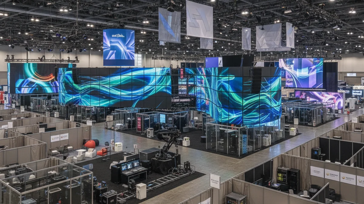 Vista general d'un gran pavelló de fira amb pantalles audiovisuals i figures borroses de visitants.