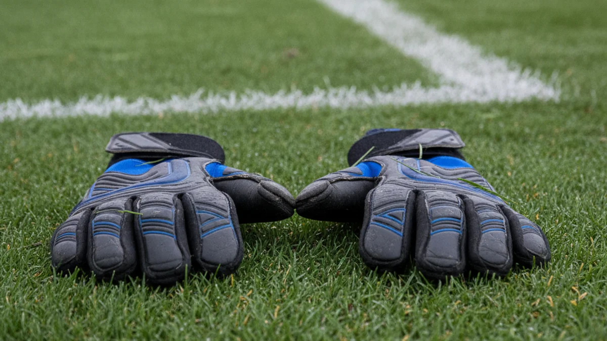 Guantes de portero sobre el césped de un campo de fútbol, simbolizando la marcha de un jugador sin debutar.