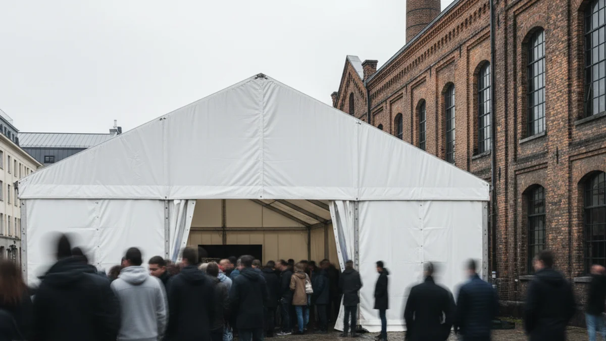 Imatge genèrica de l'exterior d'una carpa d'exposició amb gent fent cua per accedir-hi.
