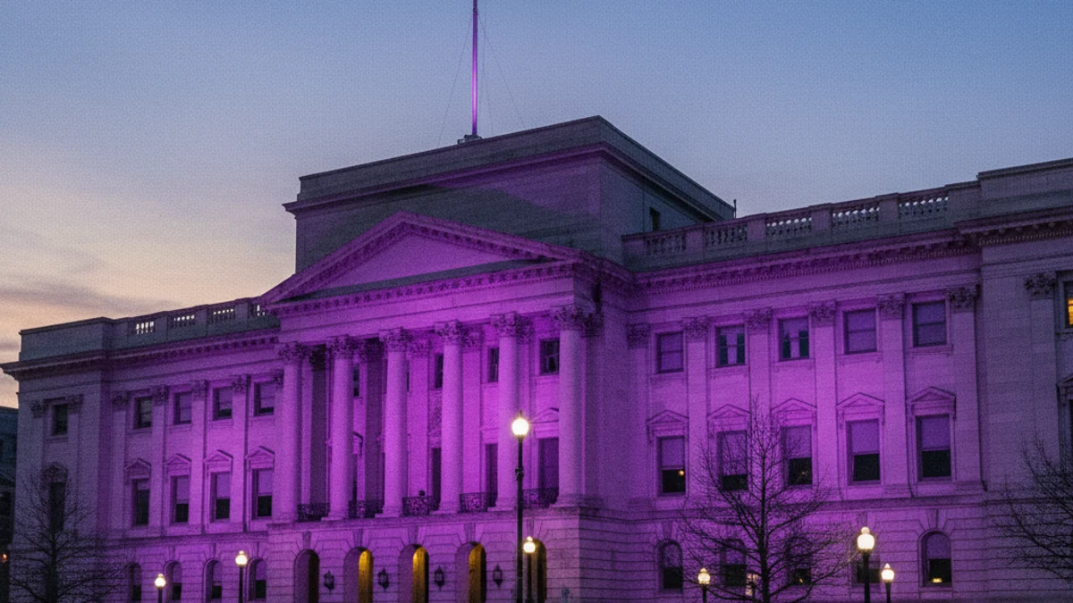 Imatge de l'Ajuntament de Lleida il·luminat de color lila amb la bandera a mig pal, simbolitzant el dol oficial.