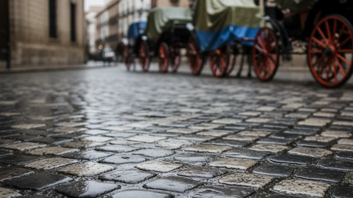 Imatge de carruatges tradicionals coberts amb lones en un carrer mullat, indicant la suspensió d'una desfilada.