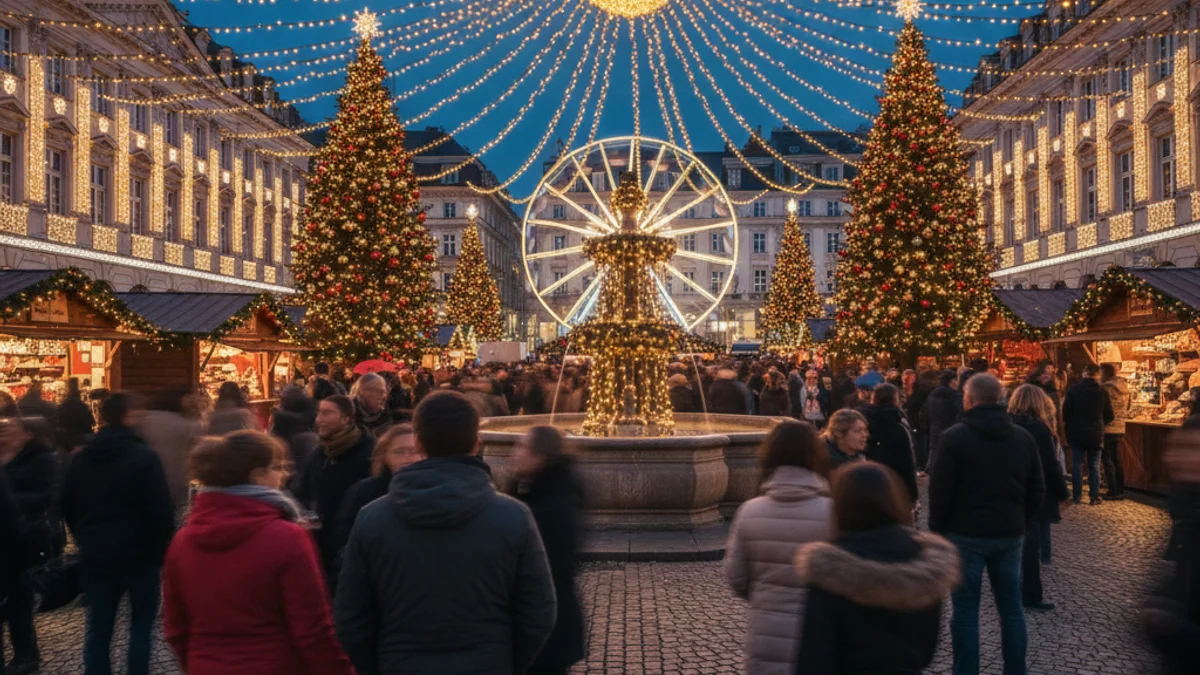 Vista d'una plaça il·luminada de nit amb figures borroses de persones assistint a un esdeveniment festiu de Nadal.